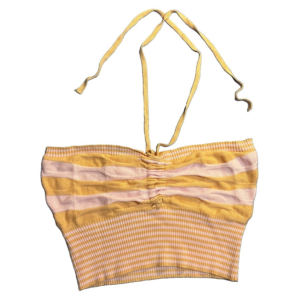 Le Lis Halter Top Women's Yellow Pink Excellent Striped Ruched Knit M SWT7574